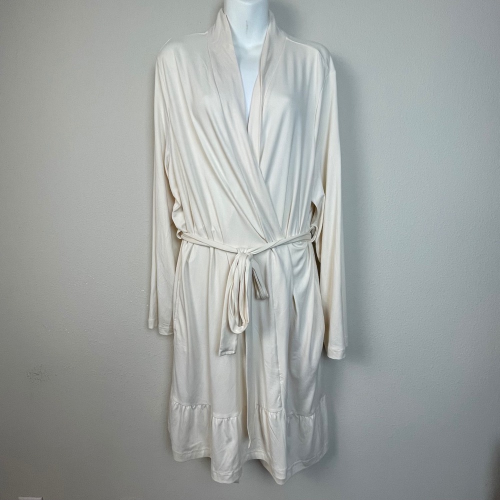 Berkshire Homewear Womens XL Cream Robe Long Sleeve Tie Waist Ruffle‎ Hem